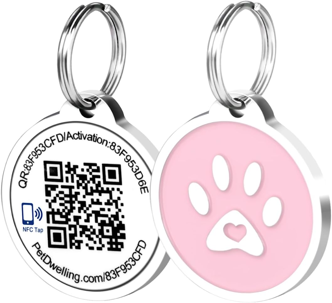 Smart QR Code-NFC Pet ID Tag - Dog Tags - Cat Tags - Online Pet Profile - Instant Email Alert -Scanned QR Tag GPS Location (Pink Paw)