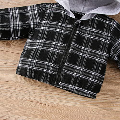 Character Winter Coats for Boys Flannel Shirt Jacket Plaid Patchwork Long Sleeve Fall Shirt Hooded (Black, 3-6 Months)4