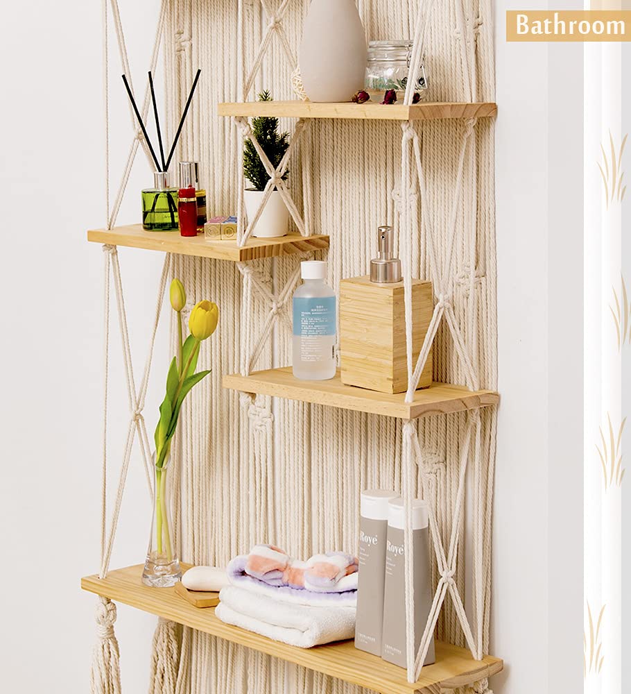 Mensola Da Parete Boho In Macramè E Legno - 3 Livelli, 120x40 Cm, Per Piante, Decorazione Soggiorno, Camera, Bagno - 4