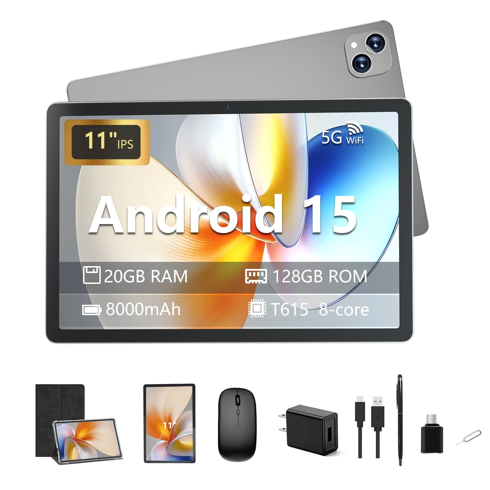 Iconiotk Android 15 Tablet 11 inch Tablet with Keyboard, 20GB+128GB, 1TB Expand, Octa-Core, 2.4G/5G WiFi, 8000mAh, BT V5.2, IPS Touch Screen, GPS, 2