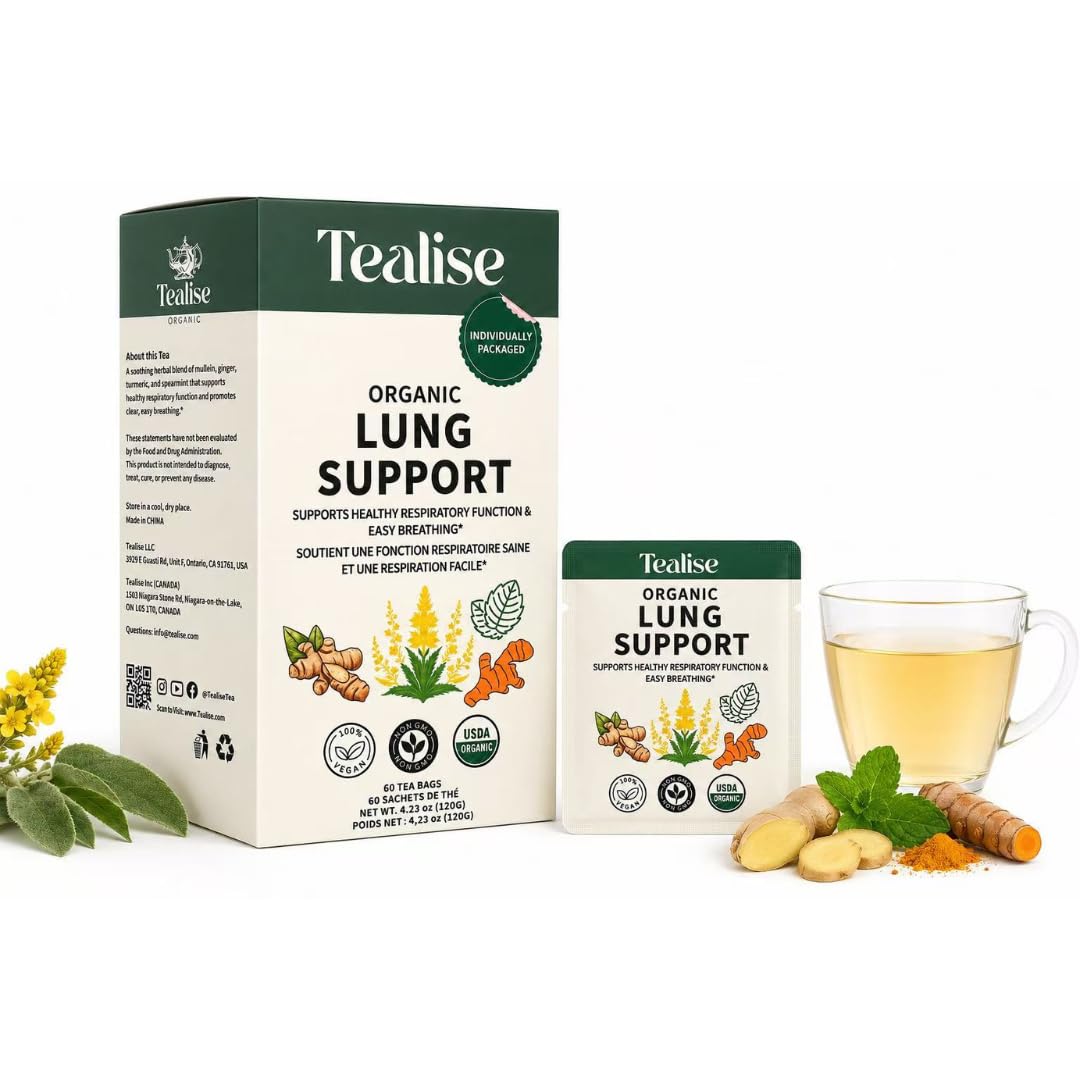 Tealise Organic Mullein Leaf Tea – 60 Individually Wrapped Tea Bags with Ginger, Turmeric & Spearmint – USDA Organic, Caffeine Free Herbal Tea (Lung Support)