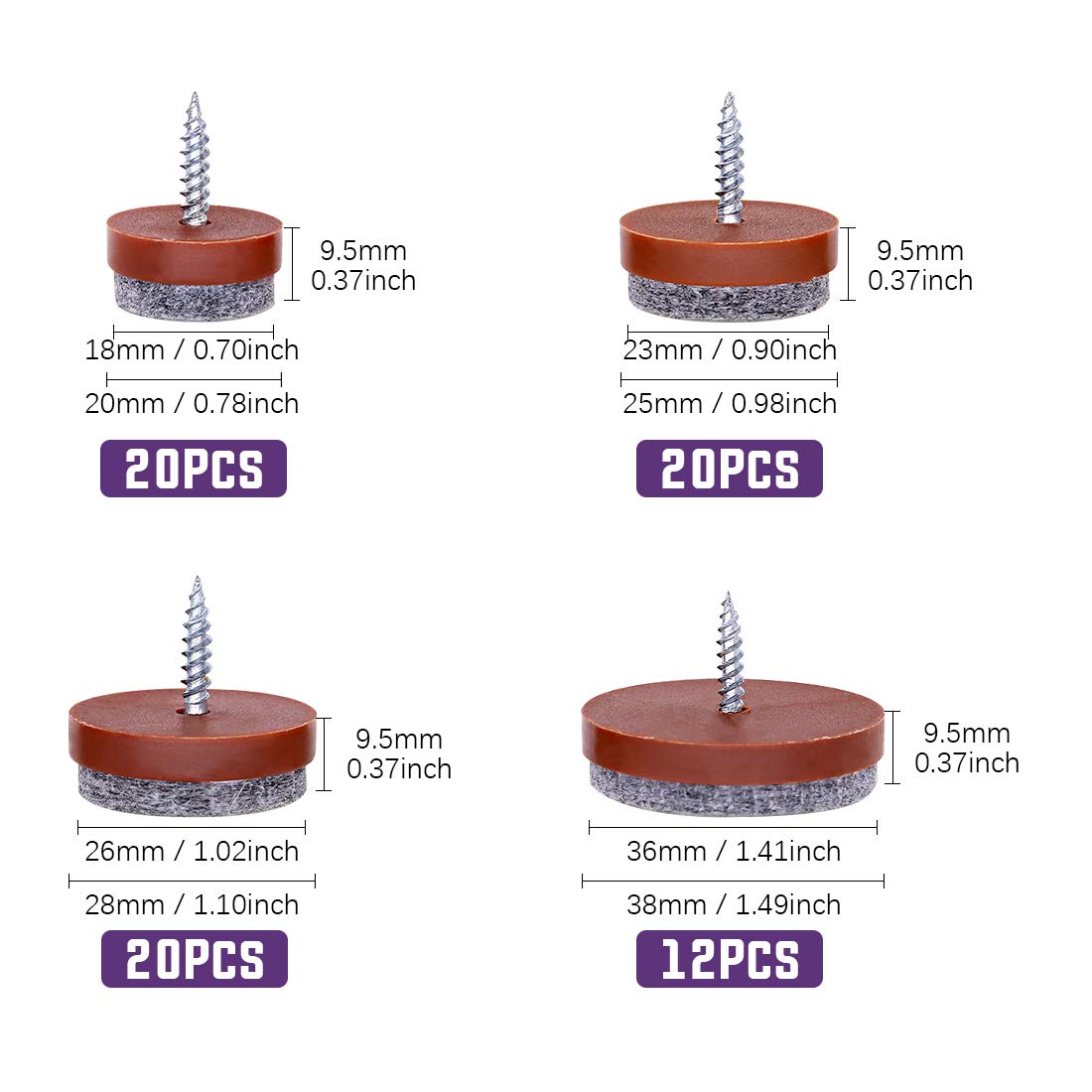 Swpeet 72Pcs Brown Furniture Felt Pads Assortment Kit Non Slip Furniture Pads with Screw-on Felt Pad Furniture Slider — view 2