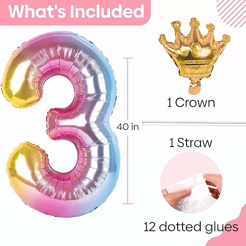 Miniatura 2 de Globo de número 3 de 40 pulgadas, degradado arcoíris con corona desmontable, fácil de inflar y desinflar reutilizable, globos de Mylar de aluminio