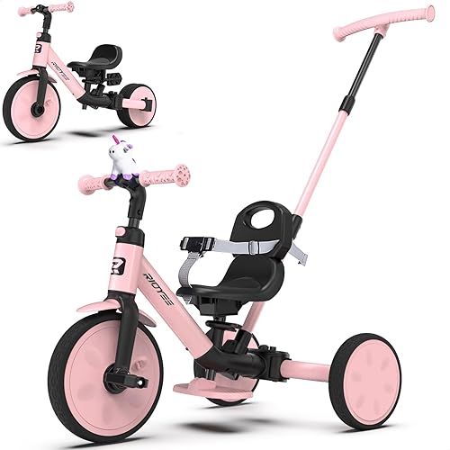 5-in-1 Kids Tricycle for Toddlers 1.5-3, Tool-Free Convertible Kids Push Trike to Balance Bike, Safety Belt, Removable Backrest and Footrest, Ride-On Toy for Boys & Girls, Pink