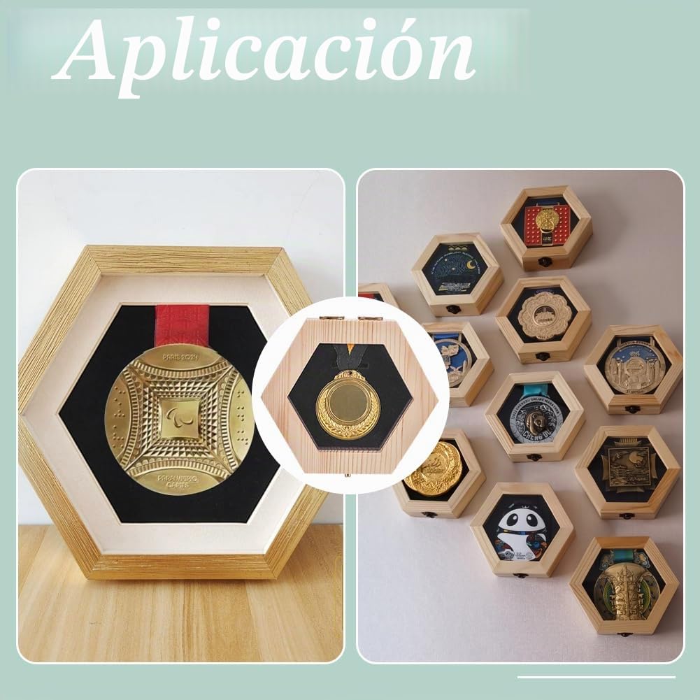 PH PandaHall Juego de 6 soportes de madera para medallas hexagonales, caja de almacenamiento de medallas, caja de medallas de montaje en pared con esponja para deportes, maratón, carreras,