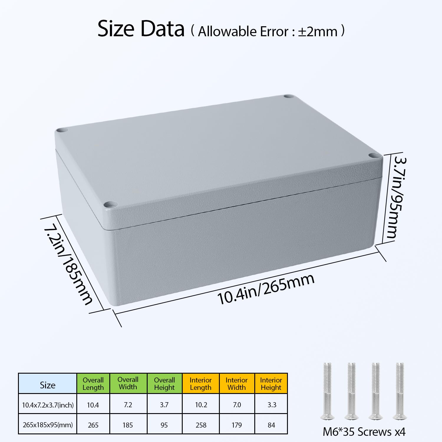LeMotech Elektrische Box, Aluminium-Legierung, Metall-Anschlussdose, IP67 wasserdicht, staubdicht, Projektbox, Universal-Gehäuse, Grau 265 x 185 x 96 mm