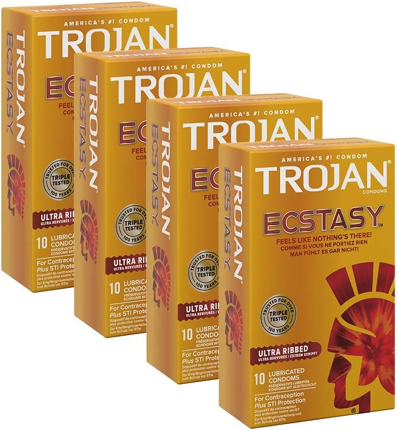 Amazon De Trojan Ecstasy Ultragerippte Und Gleitfahige Kondome Mit Hochwertigem Latex Packung Mit 40 Stuck
