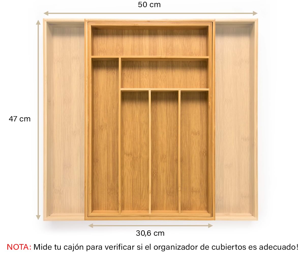 budu Organizador de Cubiertos #47 (profundidad 47 cm) de Bambú, Bandeja para Cubiertos Extensible, Cubertero Ajustable para Cajón