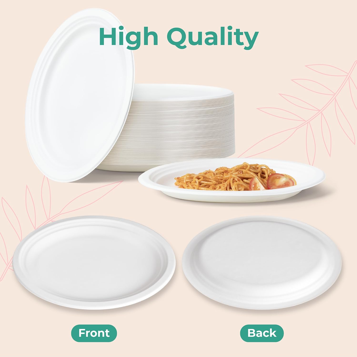 [500 Pack] Compostable Paper Plates, 10 x 12.5 Inch Biodegradable Oval Plates, Heavy Duty Eco Friendly Disposable Sugarcane Plate for Dinner, Party, Wedding, Freezer Microwave Safe, White