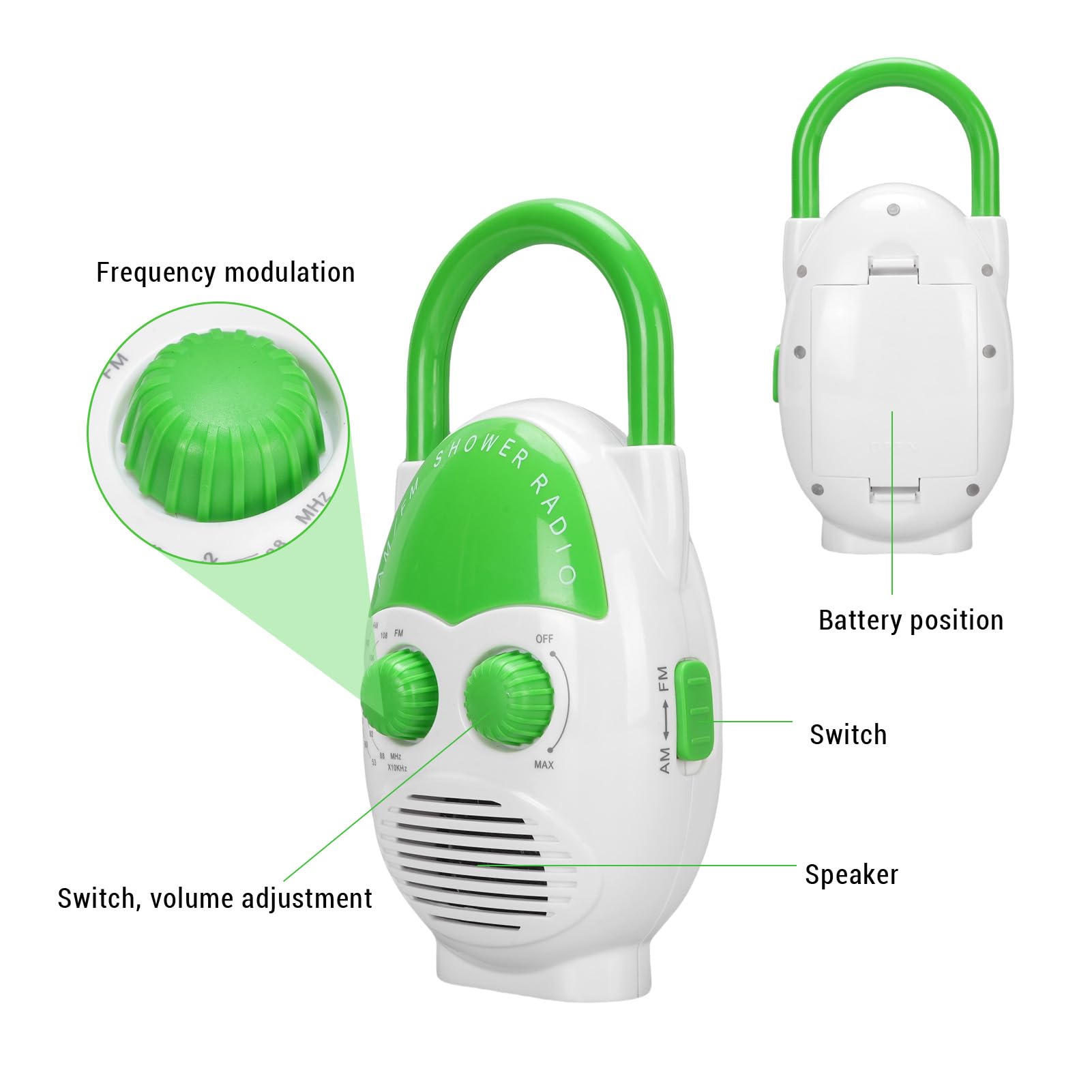 Portable AM FM Radio with IPX5 Water Proof Design, 500mW Speaker Output, Battery Powered Shower Radio for Home Bathroom Travel Outdoor Use, Green