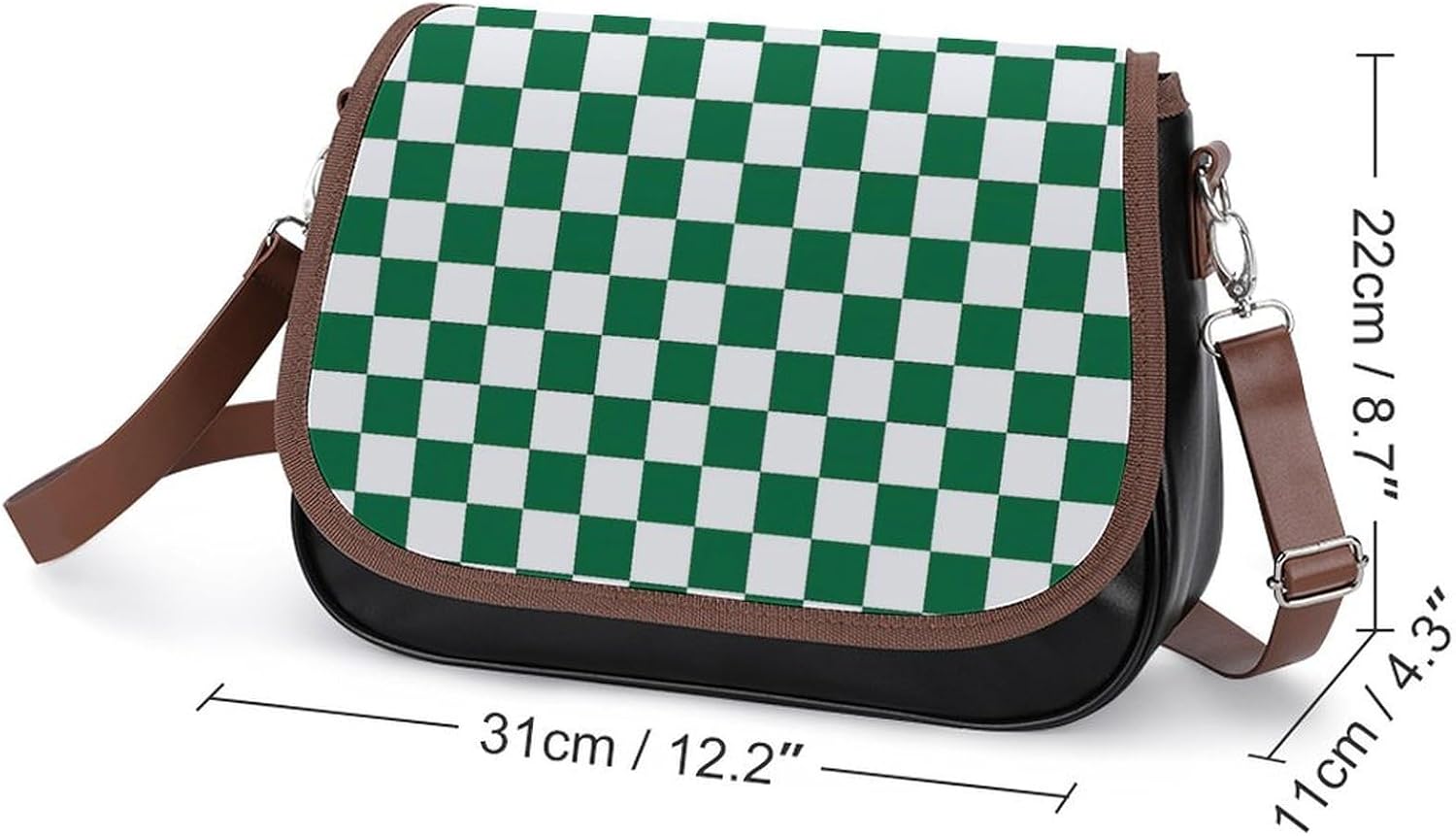 White And Green CheckerboardWomen's Faux Leather Crossbody Bag, Waterproof Wrinkle-Resistant Shoulder Bag with Detachable Strap, Large Capacity Casual Handbag, Fashion Daily Purse for Shopping Work Da