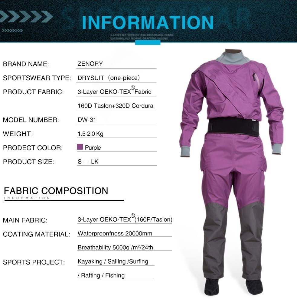 Trockenanzug for Damen, mit Latex-Dichtung, Paddel-Trockenanzug in kaltem Wasser, 4-lagiger, atmungsaktiver, wasserdichter Kajak-Trockenanzug aus Stoff mit Latex an Hals und Handgelenk(Purple,Medium)