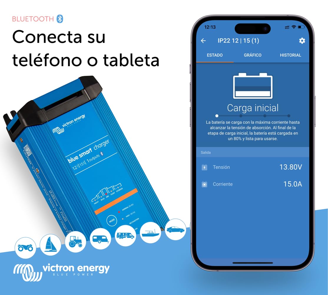 Victron Energy Blue Smart IP22 12-Voltios 15 amperios 230V, Cargador de Batería de Salida Única CEE 7/7, Bluetooth