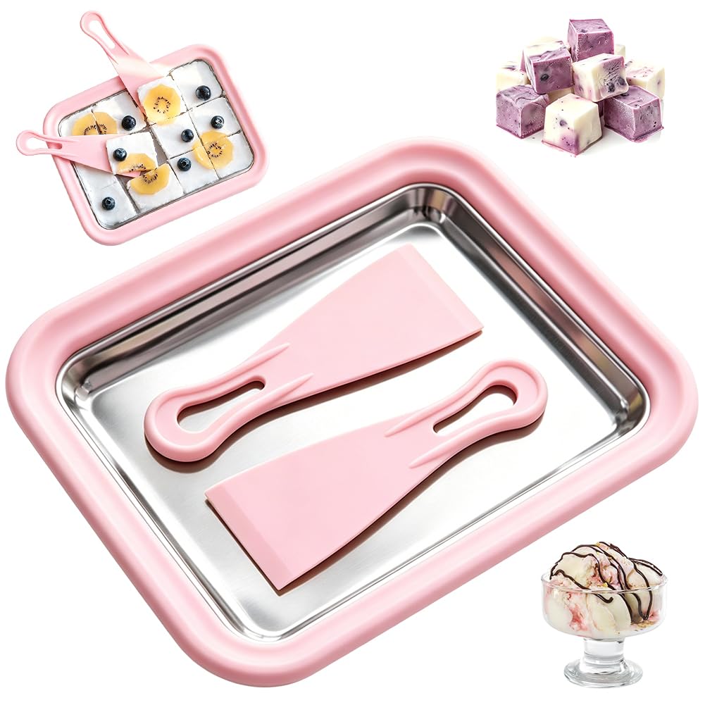 WFKKMEQ Ice Cream Roller Maker Pan, Ice Rolls Plate with 2 Spatulas Ice Cream Roll Maker DIY Ices Creams Roller Pan Yogurt Roll Machine Home Dessert Making Tools for Yogurt, Gelato (Pink)