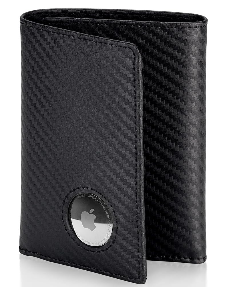 Stealth Mode Men's Leather Trifold Wallet with Airtag Holder and RFID Blocking (Carbon Fiber)
