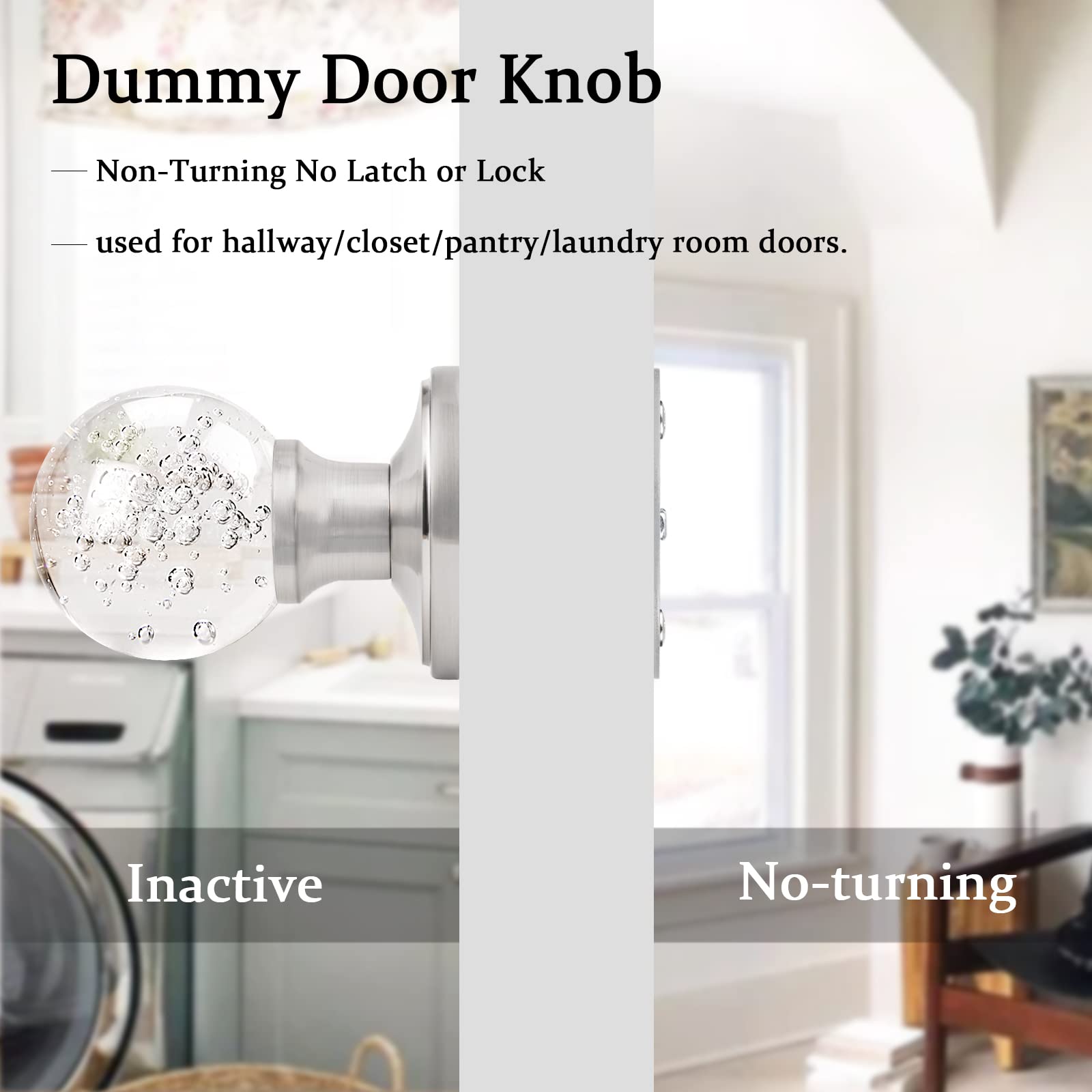 Orger 2 Pack Dummy Bi-fold Door Knob Sets, Non-Locking Half Individual Glass Door Handle for French Door, Round Clear Bubble Ball Crystal Door Knobs with Satin Nickel Rosette
