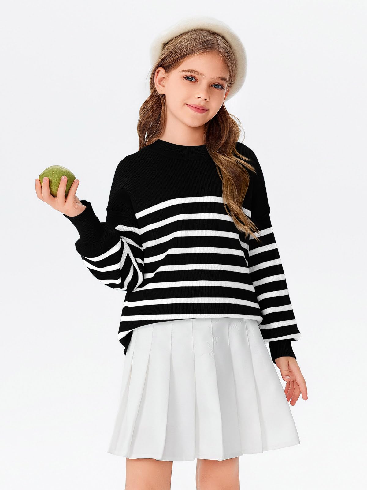 Haloumoning Suéter de gran tamaño a rayas para niñas otoño invierno moda manga murciélago cuello redondo acanalado ranura lateral suéter de punto