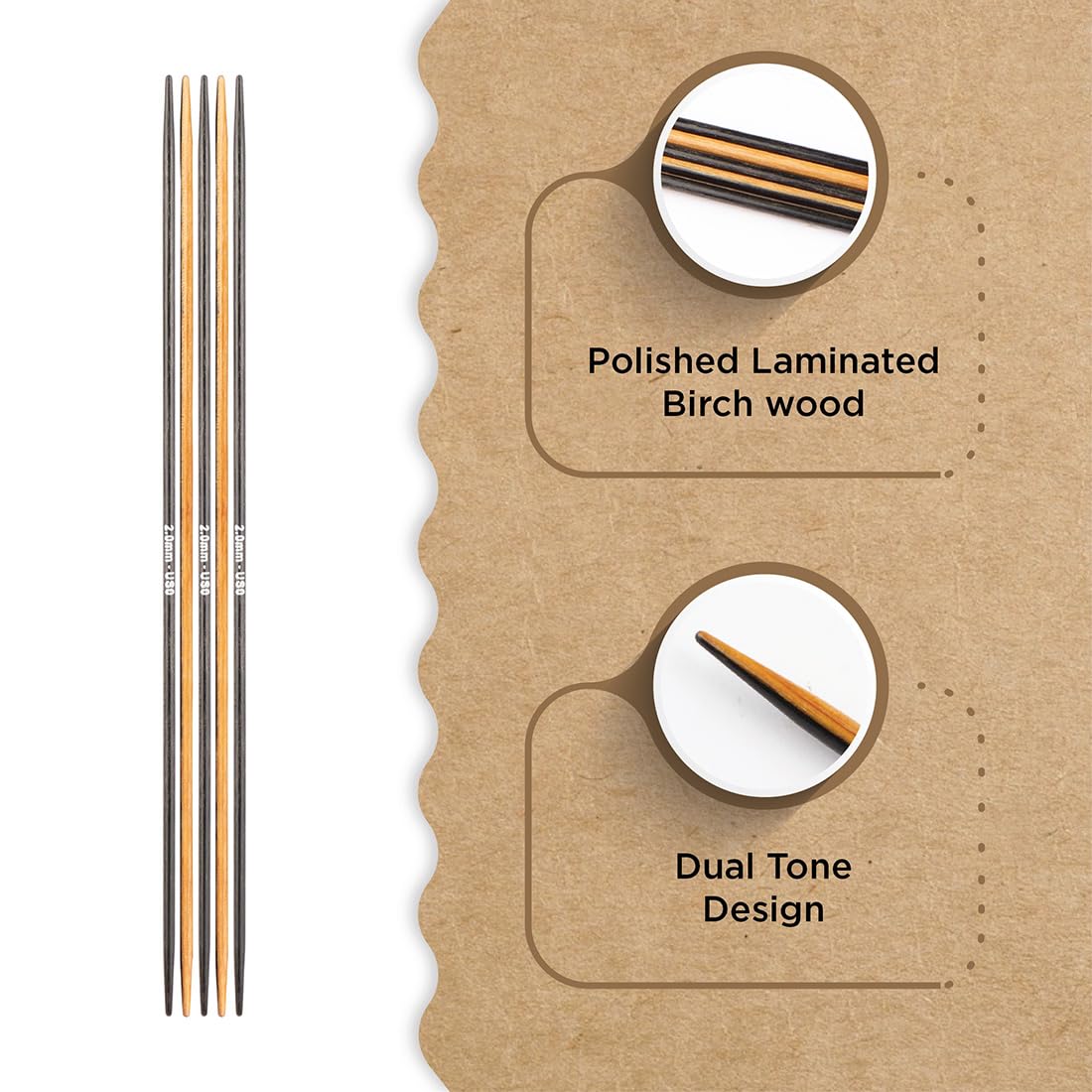 Knitter's Pride Day & Nite 15 cm (2.0 mm) Double-Pointed Sock Needle - 1 piece, Natural/Black, 2.00mm - Image 2