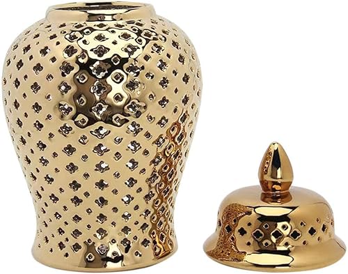 Miniatura 5 de Tarro de jengibre de cerámica con tapa celosía decorativo Temple Jar Cut Out Jarrón de cerámica para sala de estar y decoración de cocina dorado