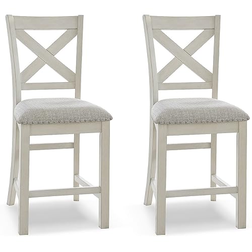 Signature Design by Ashley Robbinsdale Farmhouse Armless 24.75" Counter Height Upholstered Bar Stool with Foot Rest, Set of 2, White & Light Gray