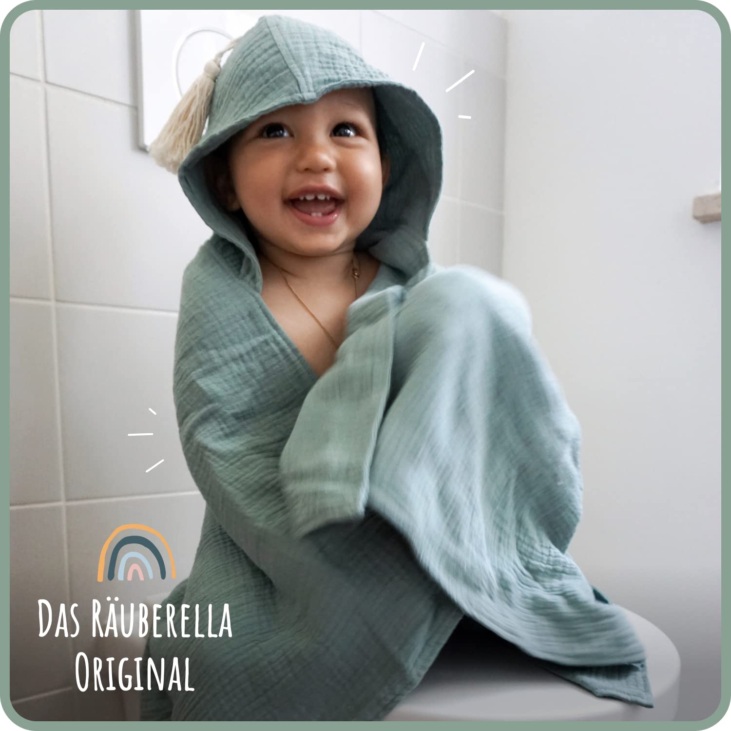 Räuberella® Kapuzenhandtuch-Baby in Mint-Grün I 75x100cm I Musselin-Badetuch-Baby aus 100% Bio-Baumwolle I Saugfähiges Babyhandtuch mit Kapuze I Badehandtuch-Geschenkset inkl. Verpackung & Karte