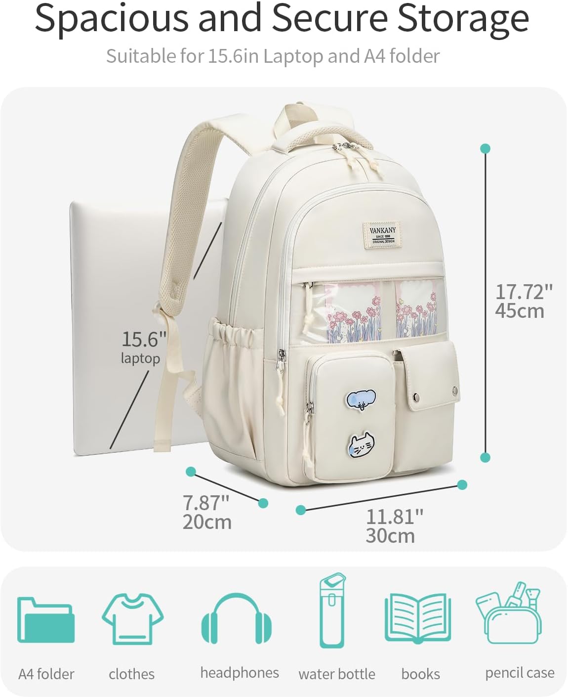Girls Backpack for School, Cute Teens Bookbag Large Capacity for Middle High School College Women Laptop Backpack with Accessories, Beige - Image 4