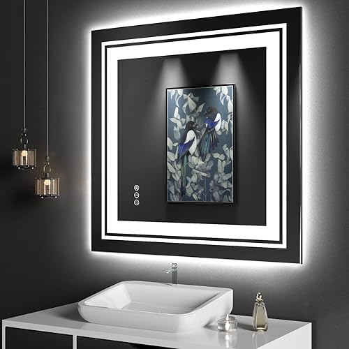 Snowdool Espejo de baño LED con luces, 36 x 36 pulgadas, espejo delantero y retroiluminado para baño, espejo de tocador con luz antiniebla,
