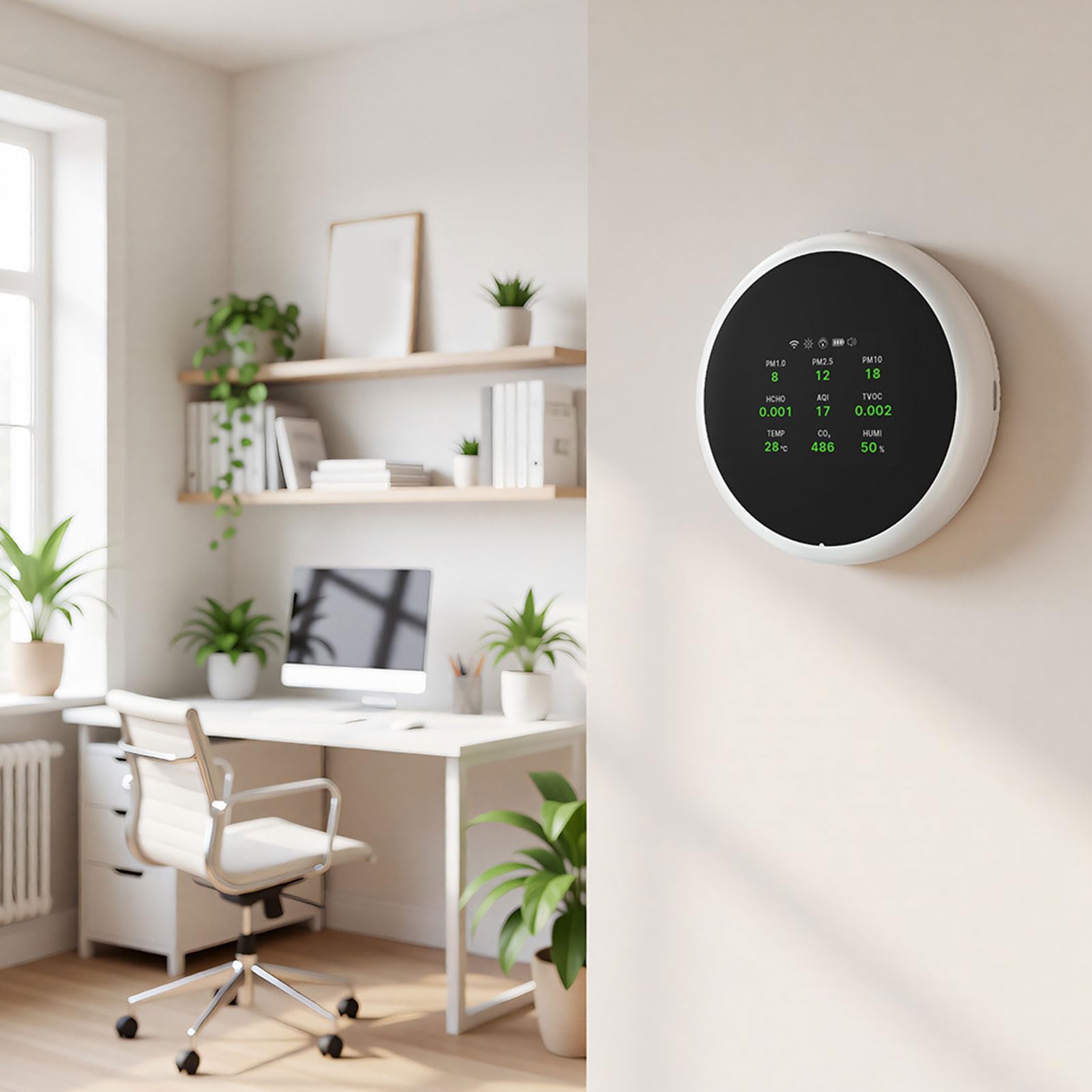 Zunate Moniteur Intelligent de qualité de l'air Intérieur CO2 PM2,5 PM10 TVOC HCHO avec Affichage de la Température et de l'humidité, Testeur de qualité de 'air Rond Blanc pour le Bureau à Domicile