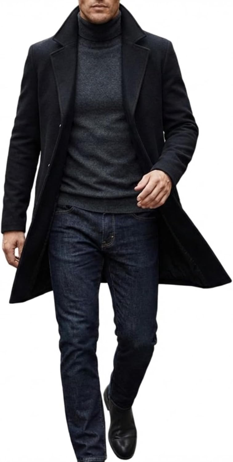 SBL SOUTH BEACH LEATHER Men's Wool Blend Pea Coat Single Breasted Casual Trench Coat Slim Fit Winter Warm Overcoat