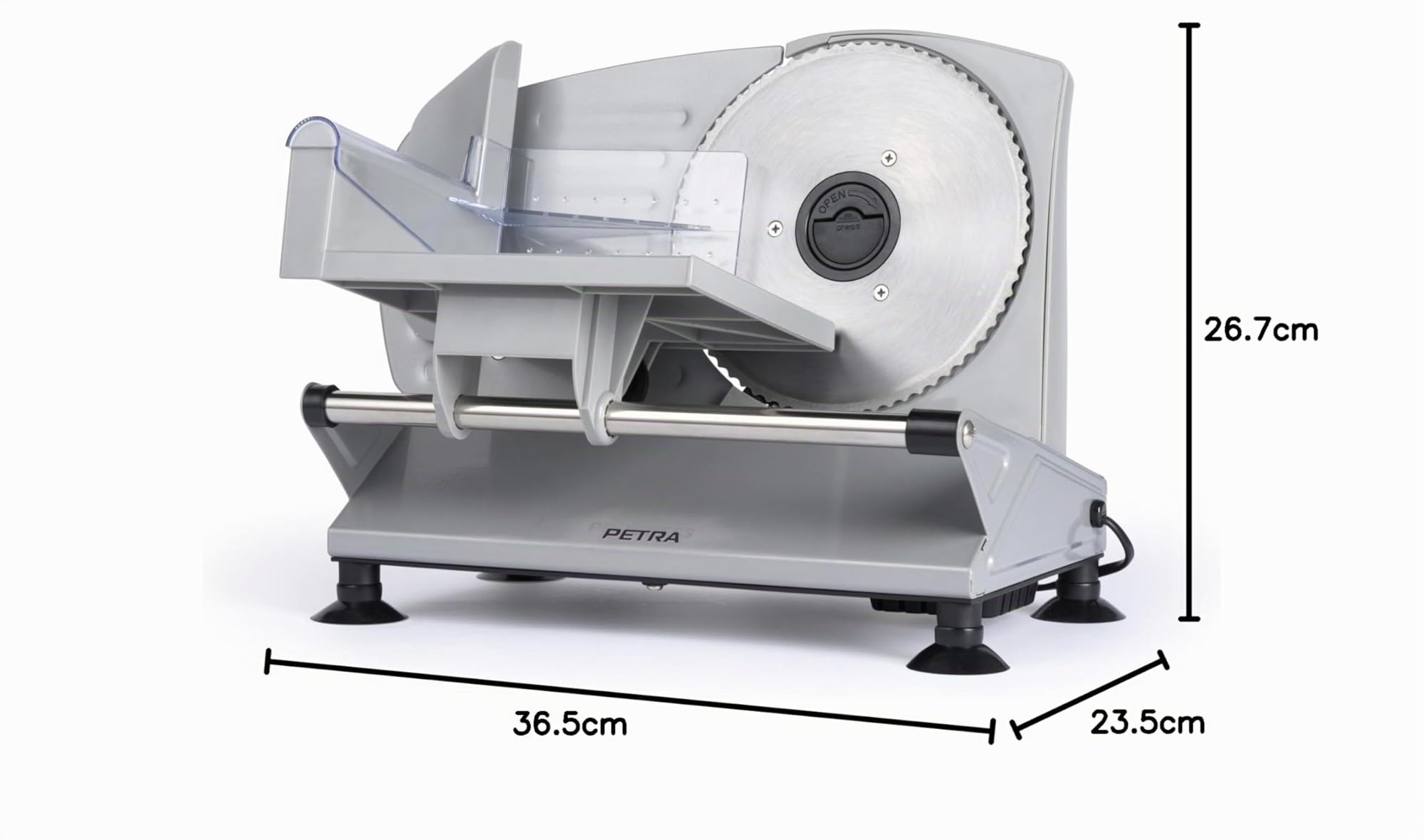 Petra PT4636VDE Rebanador de alimentos eléctrico - Cortador para carne, jamon, queso, grosor de corte ajustable 1-15mm, cuchillas lisas y de sierra, acero inoxidable, 3 x 170mm, patas antideslizantes