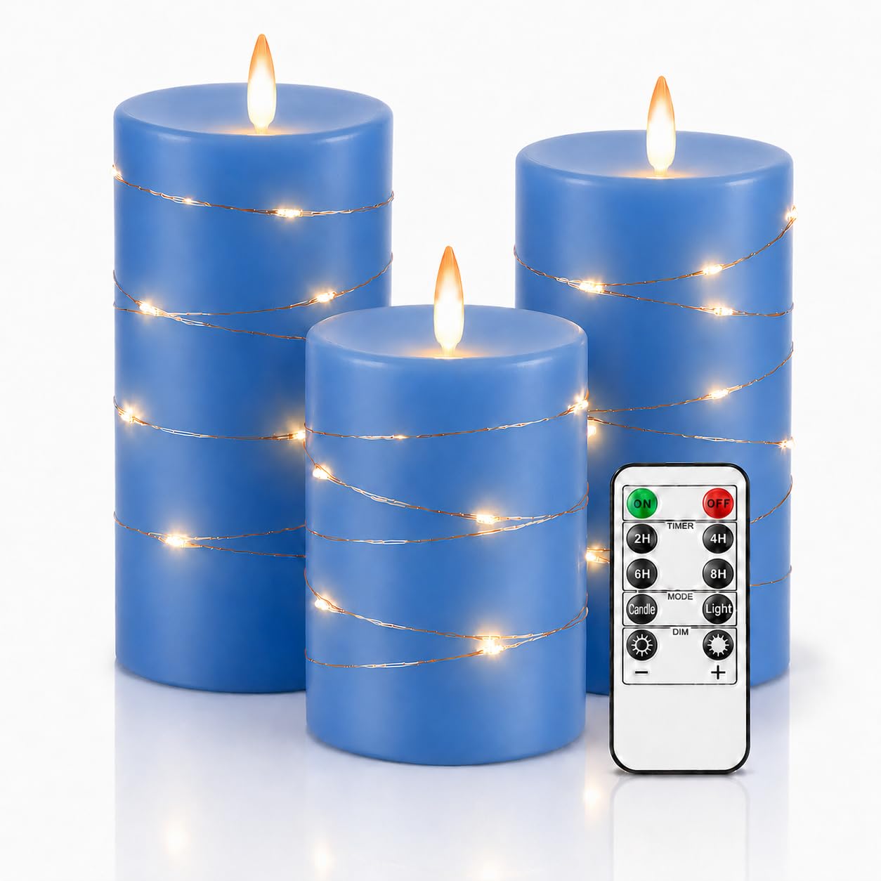 Upinmz Candele blu tremolanti senza fiamma con luci a stringa incorporate, candele a batteria con telecomando e timer, candele LED senza fiamma per decorazione domestica, in vera cera, set di 3