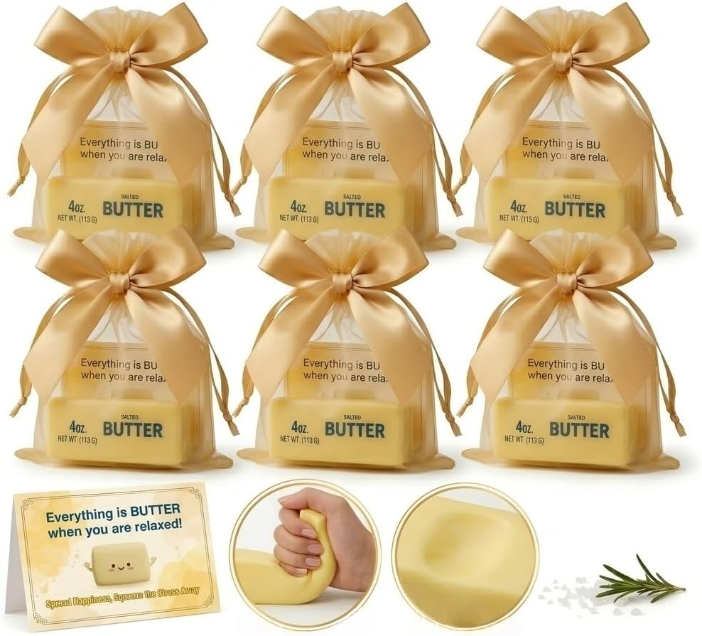 JoyRelax Butter Squishy Toy , Slow Rising Squishy Fidget Toy for Adults, Soft Non-Sticky Butter Stick Squeeze Toy, Realistic Food Sensory Toy with Gift Bag & Card for Desk, Party Favors (6PCS)
