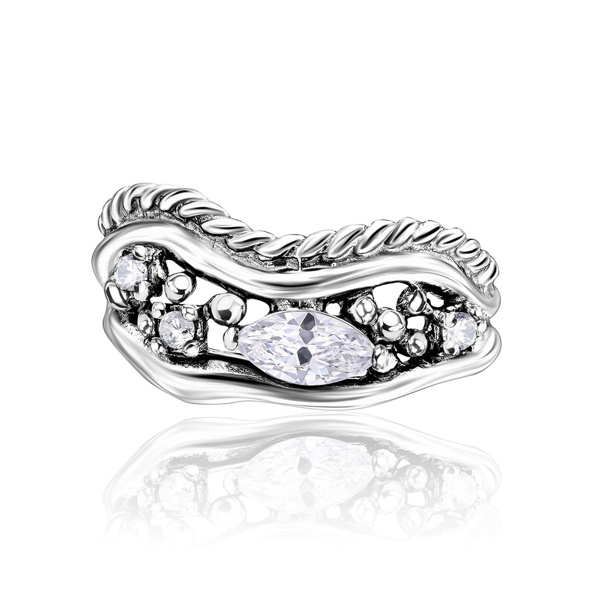 925 Sterling Silber Statement Ring mit weißem Zirkonia, gebogenes Seil Marquise Vintage Design, hypoallergen, nickelfrei, bleifrei, handgefertigte Designer-Kollektion