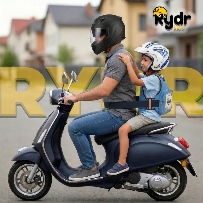 Image of RYDR Premium Motorcycle Safety Harness for Kids (2-12 Years) Adjustable Two-Wheeler Safety Belt for Child Rider with Reflective Strip & Storage Pocket (Blue, with Pocket)