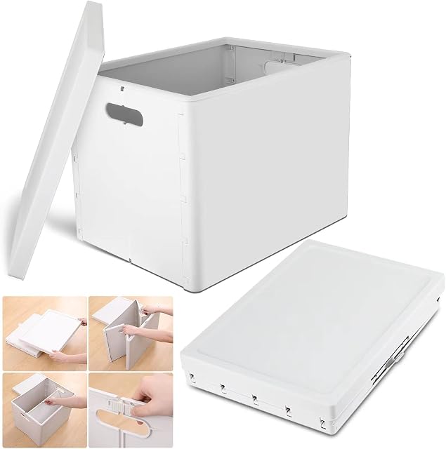 Esimlife Folding Storage Boxes with Lids 42Liter Collapsible Storage Bins with Lids Organizer Boxes Stackable Boxes Heavy-Duty Plastic Boxes with Carryhole (Gray Color)