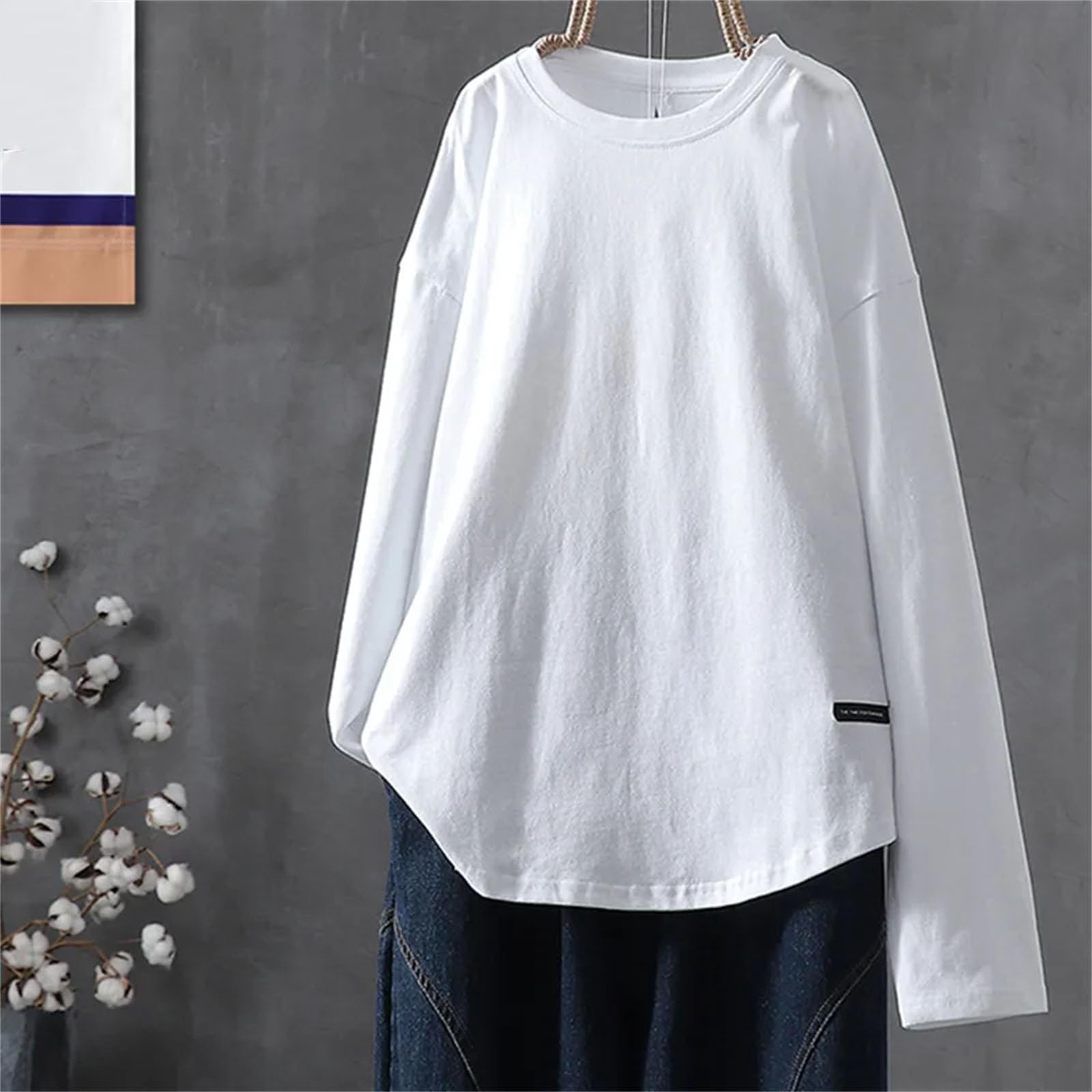 Camisetas de manga larga con cuello redondo y manga larga para mujer, color liso, holgadas