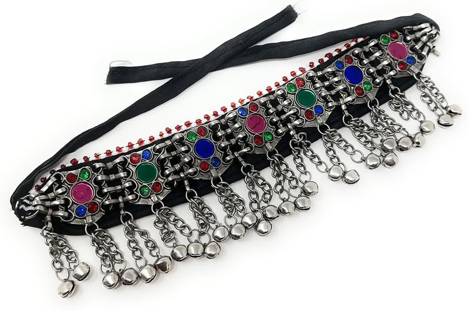 Women’s Afghan Tribal Choker Necklace, Antique Oxidized Metal with Multicolor Glass Beads, Engraved Coins, and Dangling Metal Bead Charms, Bohemian Belly Dance Indian Festival Jewelry