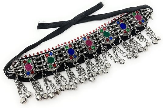 Duel On Jewel Turkish Ottoman Kayi Bork Hat Headpiece a Afghan Kuchi Tribal Choker Necklace Set, Oxidized Antique Finish, Multicolor Stones, Coins & Dangling BellsBelly Dance Festival Costume Jewelry