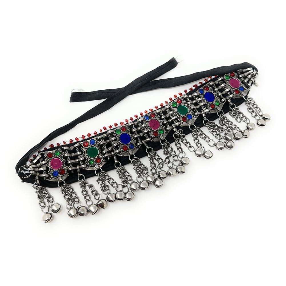 Duel On JewelWomen’s Afghan Tribal Choker Necklace, Antique Oxidized Metal with Multicolor Glass Beads, Engraved Coins, and Dangling Metal Bead Charms, Bohemian Belly Dance Indian Festival Jewelry
