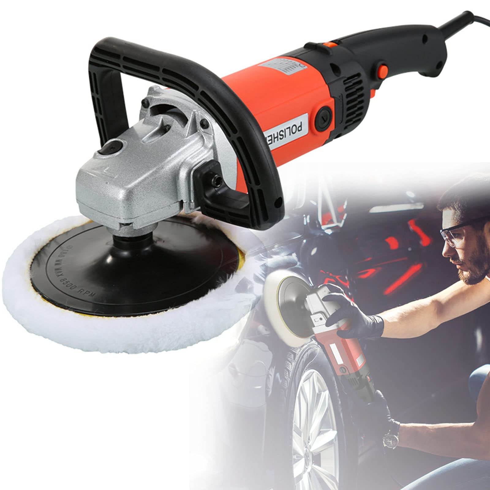 Lucidatrice Auto, Rotorbitale Lucidatrice Eccentrica, 600-3600 RPM Lucidatrice e Levigatrice per Auto, 8 velocità Variabile, Avvio graduale, Impugnatura Ausiliaria, Vari Accessori,Orange