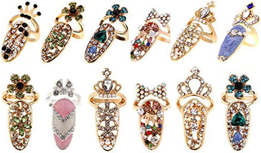 12 Pcs Women Luxury Fingernails Ring Fashion Bowknot Knuckle Nail Ring Decoration Tip Nail Art Charm Crown Flower Crystal Rhinestone Finger Nail Rings