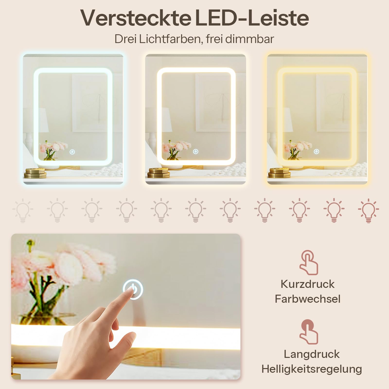 HOOBRO Schminktisch mit Verstellbarer LED-Beleuchtung, Schminktisch mit Spiegel und integrierter Steckdosenleiste (2 Steckdosen, 1 USB-A und 1 Typ C), 2 Schubladen Weiß EWT40CDSZ01DE