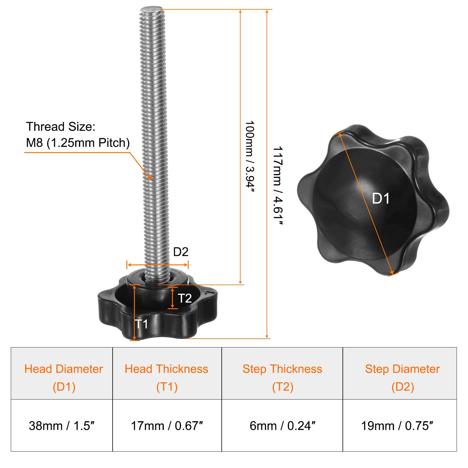 QUARKZMAN 8Pcs Boutons Étoile M8 x 100mm en Acier Inoxydable 304 Tige Filetée Tête en Plastique 6 Étoiles Vis à Main à Serrage Manuel Poignée de Serrage, Noir