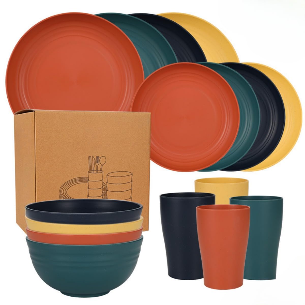 Amazon.co.jp: 割れないディナープレート16枚、ストロー食器セット8人