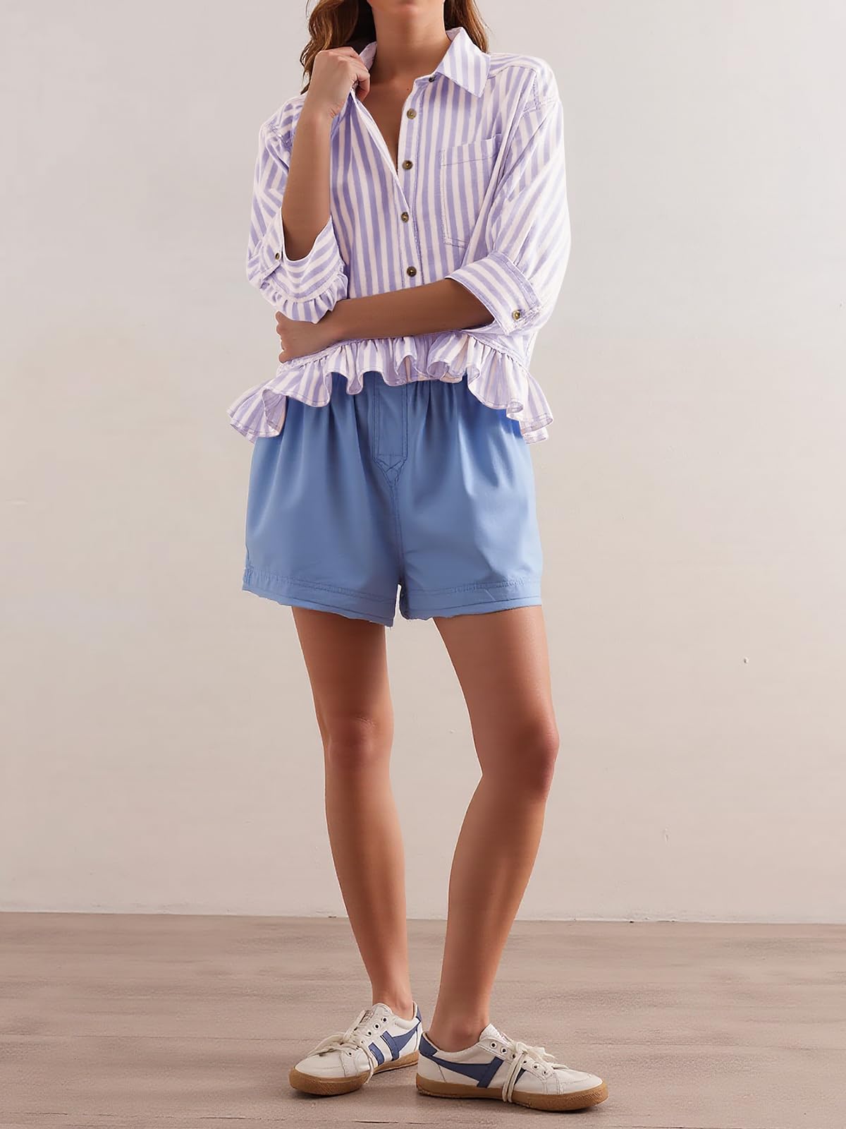 Cicy Bell Gestreiftes Damen-Hemd, Knopfleiste, Rüschen, 3/4-Ärmel, Sommer-Top, elegant, leger