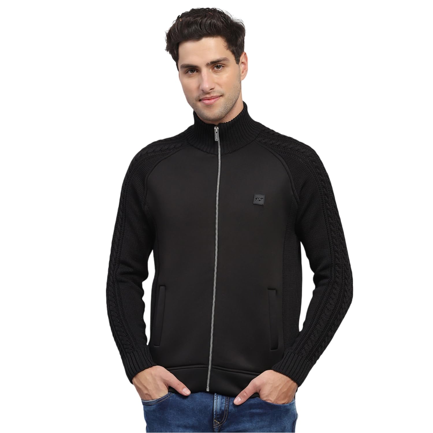 Mens Black Self Design Mock Neck Full Sleeve Pullover