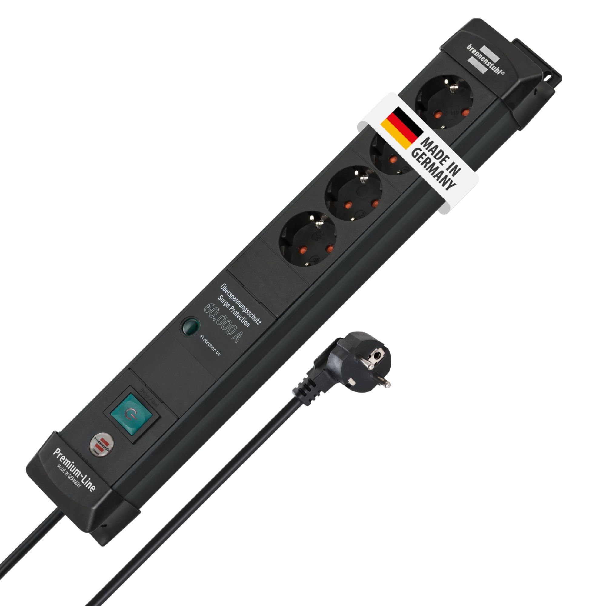 Brennenstuhl Premium-Line regleta enchufes de 4 Tomas con protección contra sobretensiones hasta 60.000A (Cable de 1,8m, Interruptor, montable, Fabricado en Alemania) Negro