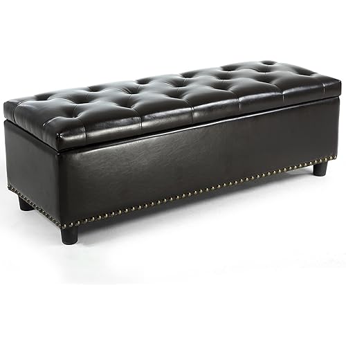 BELLEZE 47 Inch Storage Ottoman, Tufted Ottoman Faux Leather Storage Bench with Safety Close Hinge, Ottoman with Storage for Living Room, Entryway, Hallway, Foot Rest, Support 300lbs - Dark Brown