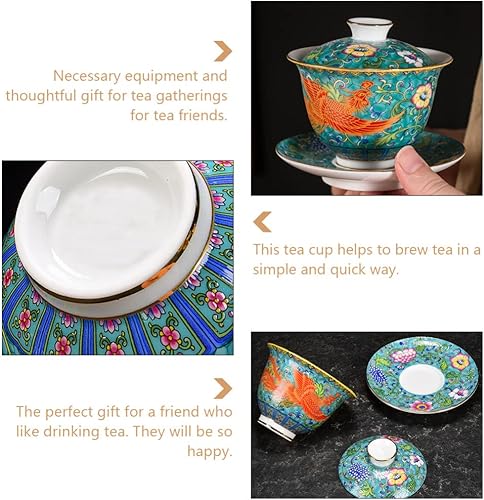 Miniatura 6 de YARNOW Taza de té de porcelana china, 1 juego de tazón de cubierta Tureen de Gaiwán con tapa, verde Phoenix