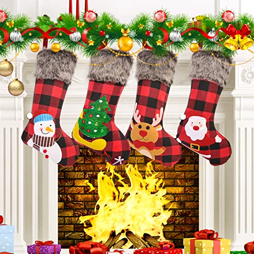 Christmas Stockings Set Of 4, 18" Large Xmas Stockings, Burlap Plaid Style With Snowflake Santa Snowman Reindeer And Plush Faux Fur Cuff Family Hanging Socks For Xmas Gift Holiday Season Party Decor #TOP4